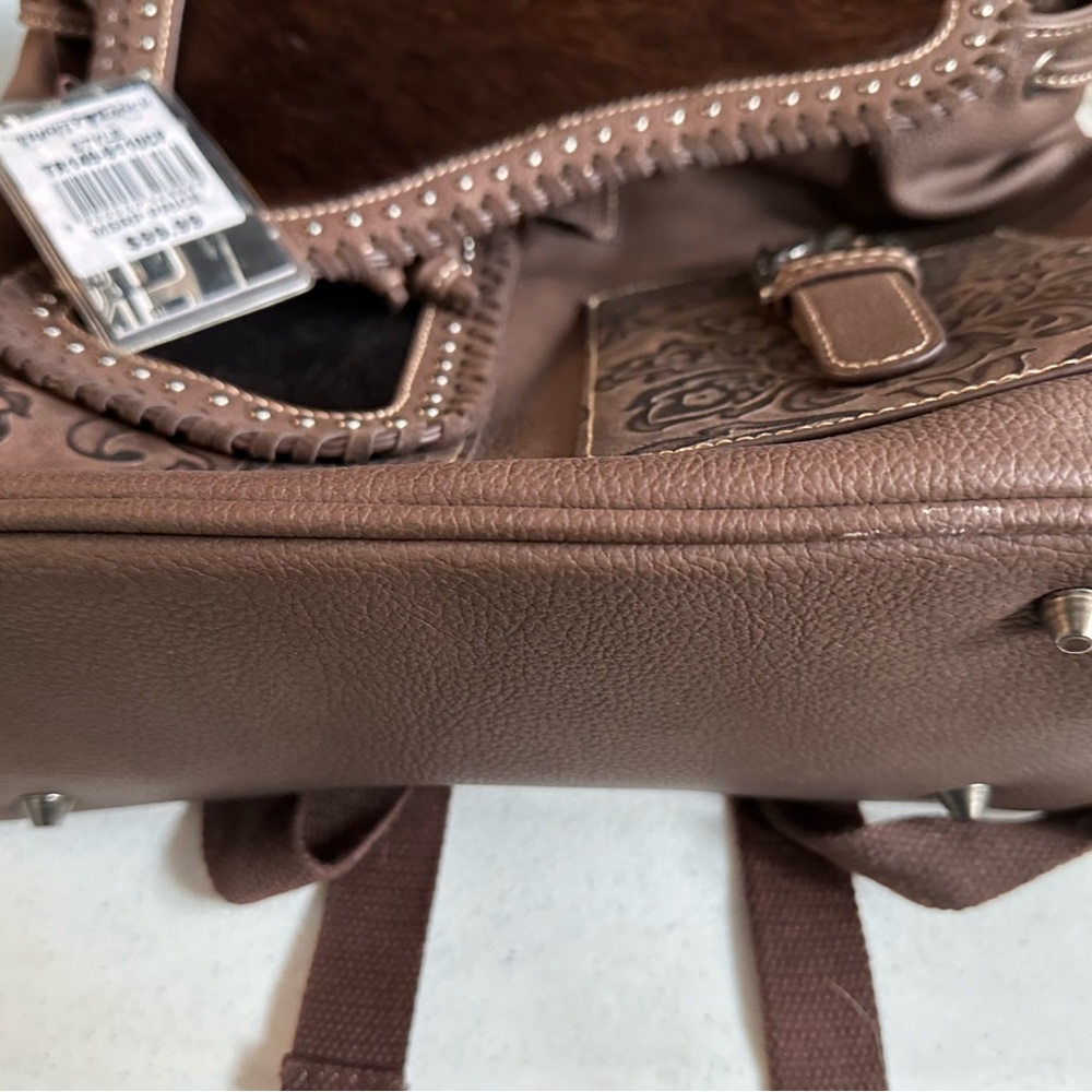 Montana West Brown Floral Embossed Backpack with Fur Flap - Picture 3 of 4